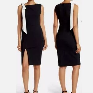 Calvin Klein black sheath midi dress white accent shoulder bow